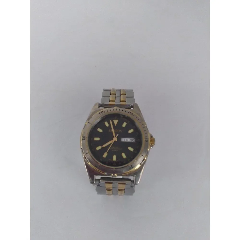 Vintage Two-Tone Stainless Steel‎ Watch with Day-Date Display Black Dial Markers